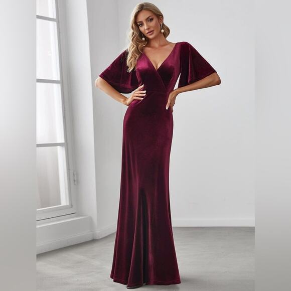 Ever Pretty V Neck Velvet Maxi Dress Flutter Sleeves Burgundy Bridesmaid Size M - Picture 1 of 14